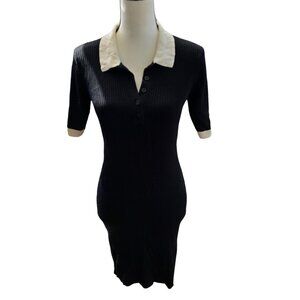 Two-Tone Rib-Knit Polo Sweater Dress